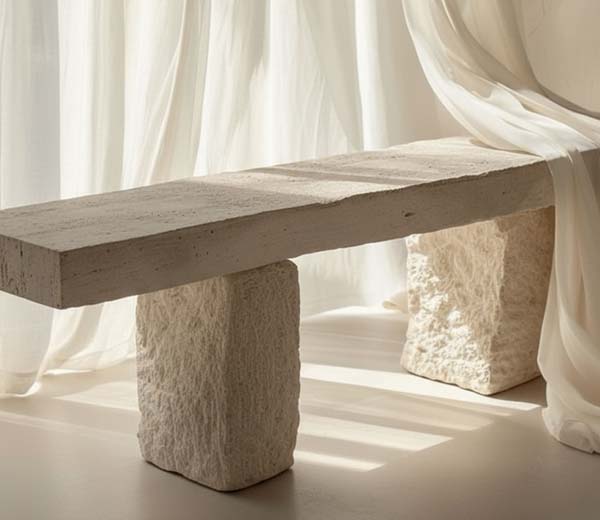 Minimalist wooden bench supported by textured stone blocks in soft natural light.